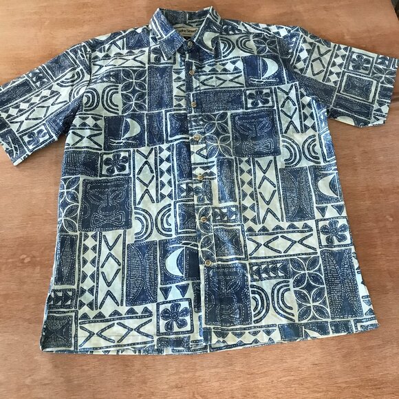 Cooke Street Hawaiian Shirt Men M Blue Geometric Tribal Button Up Pocket 16574 - Picture 1 of 12